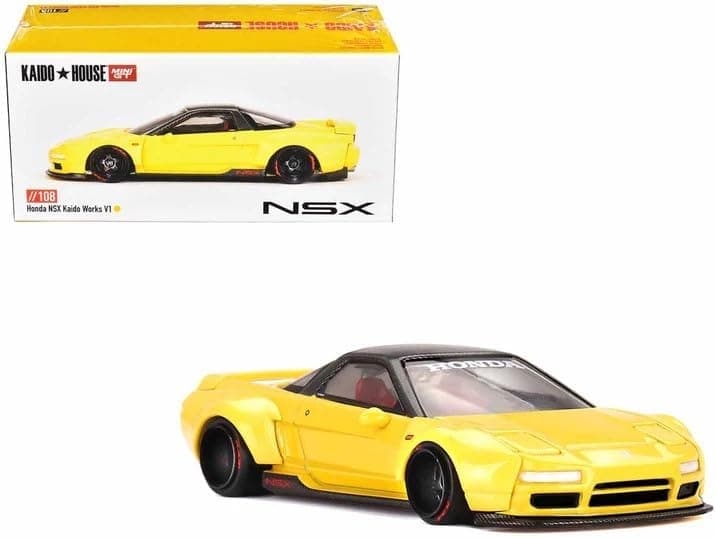 Modelo de automóvil fundido a presión a escala 1:64 compatible con Honda NSX Kaido Work V1 Yellow Limited Edition